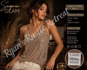 Doe & Rae Rose Gold Sequin Chain Strap Tank Top Women’s L Sparkly Cami DK